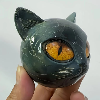 Cat Head Statue - Elegant Marble-like Glossy Resin Sculpture with Golden Eyes & Black Marble Texture,Desktop Decor for Home/Offi