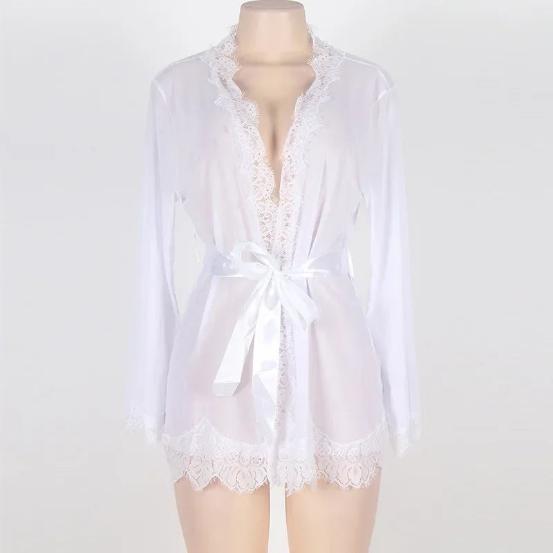 Women's Sheer Lace Kimono Robe, Long Sleeve V-Neck Belted Soft Bridal Wedding Lingerie Nightwear Multi-color