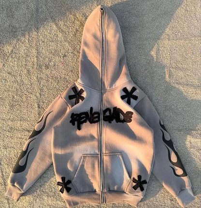 Retro Street Geometry Print Hoodie Original Design Patchwork Y2K Hip Hop Harajuku Style Casual Oversized Hoodie Male Tracksuit