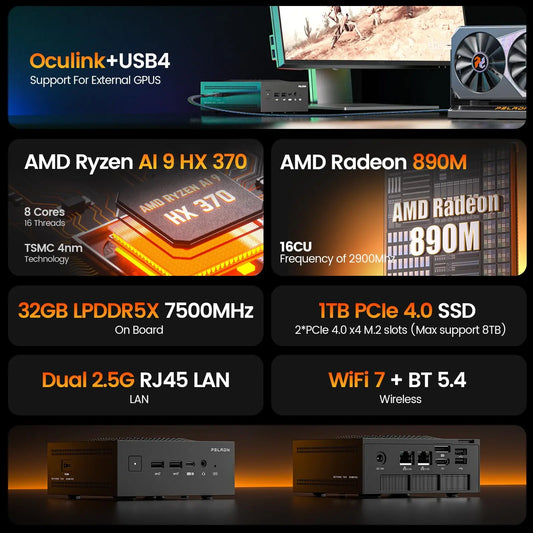 PELADN Gaming Mini PC AMD Ryzen AI 9 HX 370 (12 Cores，up to 5.1Ghz), 32GB LPDDR5X 1TB PCIe 4.0 SSD Dual 2.5G LAN USB4 20Gbps Type-C/DP/HD Mini Desktop Computer WiFi7 4K/60Hz Triple-Display USB3.2/BT5.4 Mini Computers