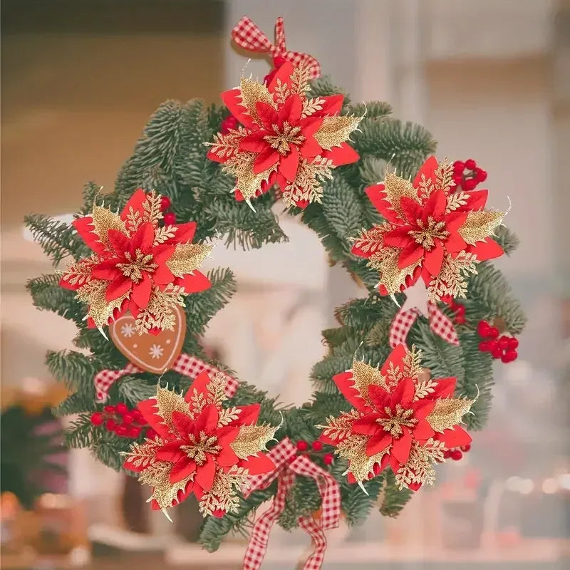 40PCS Artificial Glitter Christmas Flowers with Clips for Xmas Tree Ornament Fake Flower Floral New Year Party Home Decoration