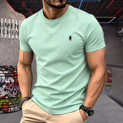 100% pure cotton 2026 high-end brand men's short sleeved round neck top summer fashion luxury pony embroidery top sports T-shirt