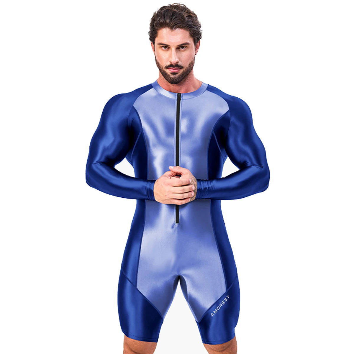 AMORESY Atticus Series Men Glossy Smooth Patchwork High Stretch Long Sleeve Knee Length Tracksuit Jumpsuit Bodysuit Fitness Gym