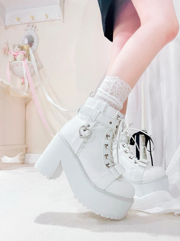Japanese Mine Lolita Short Boots for Women Mass Production Love Rhinestone Buckle Bow Round Head Platform Boots Sweet Shoes