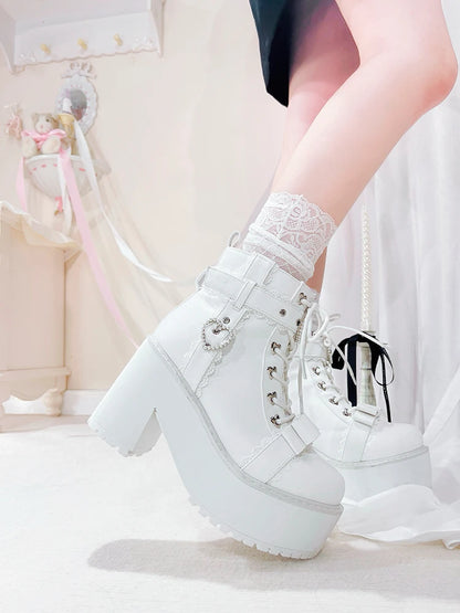 Japanese Mine Lolita Short Boots for Women Mass Production Love Rhinestone Buckle Bow Round Head Platform Boots Sweet Shoes