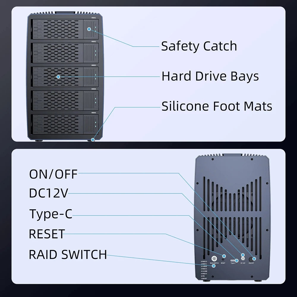 Acasis Hard Drive Docking Station 5 bay SATA HDD Docking Station Aluminum HDD Case Support 8 Raid Mode for 2.5/3.5 inch HDD/SSD