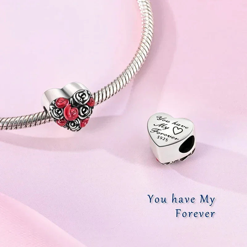 925 Silver Valentine's Day Charms Bead Sparkling Sweet Heart Rose Bear Charm Fit Original Bracelet Bangle Woman DIY Jewelry Gift