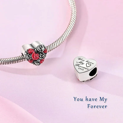 925 Silver Valentine's Day Charms Bead Sparkling Sweet Heart Rose Bear Charm Fit Original Bracelet Bangle Woman DIY Jewelry Gift