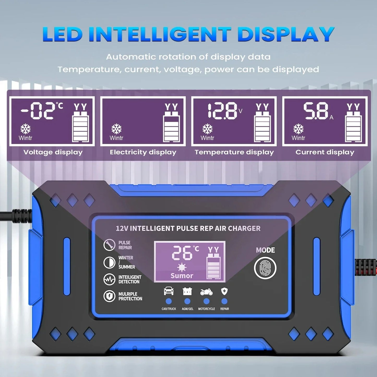 Battery Repair LCD Display 6A 12V Intelligent Car Battery Charger Car and Motorcycle Battery Charging Unit Lead-Acid