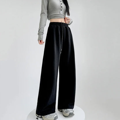 Black Gray High Waist Sweatpants Women Spring Autumn Elastic Waisted Wide Leg Trousers Woman Comfort Straight Loose Sport Pants