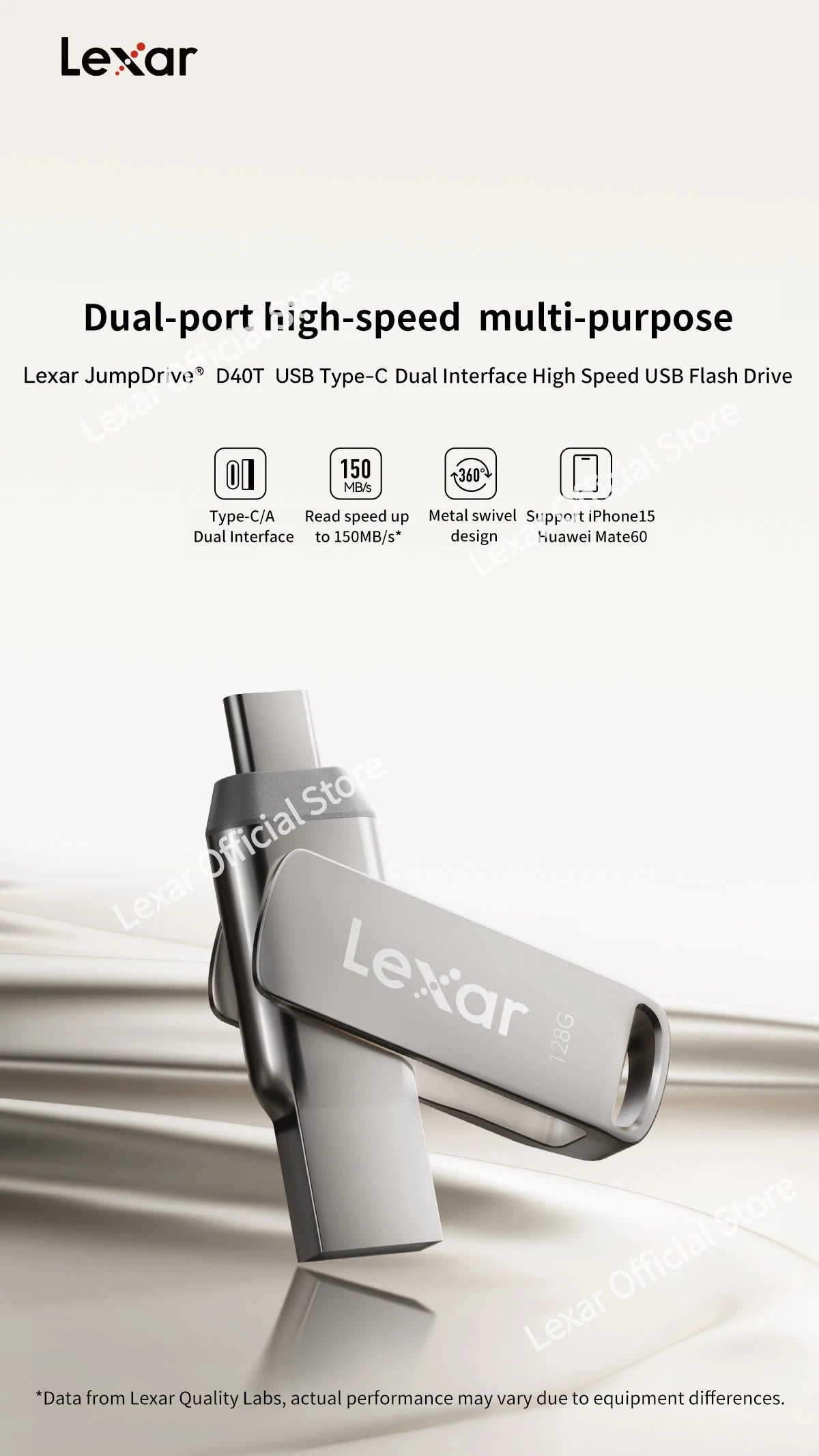Lexar JumpDrive D40T Encrypted Metal Pen Drive USB 3.2 Type-C Type-A High Speed USB Disk 128GB Flash Memory for PC