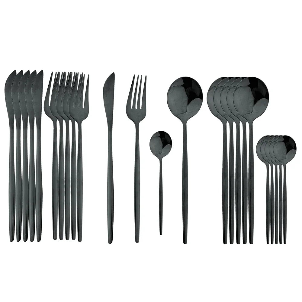 24Pcs Stainless Steel Cutlery Set Black Handle Golden Dinnerware Knife Fork Spoon Kitchen Tableware Gift Set
