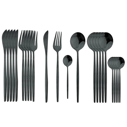 24Pcs Stainless Steel Cutlery Set Black Handle Golden Dinnerware Knife Fork Spoon Kitchen Tableware Gift Set