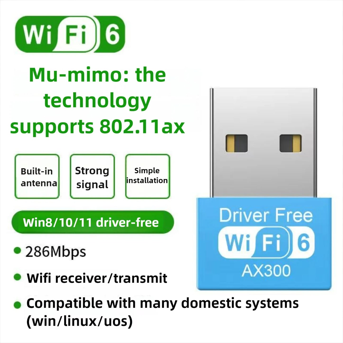 WiFi 6 AX300 WiFi USB Adapter Wireless Network Card 2.4G Wi-Fi Dongle Dual Band Antenna USB For PC/Laptop Win10/11 Driver Free
