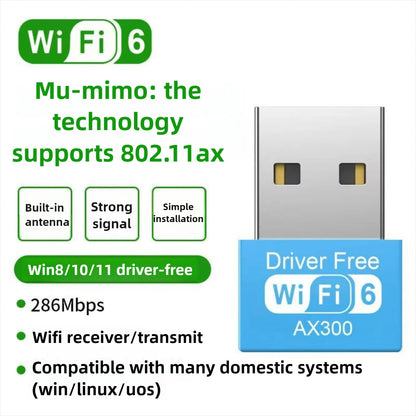 WiFi 6 AX300 WiFi USB Adapter Wireless Network Card 2.4G Wi-Fi Dongle Dual Band Antenna USB For PC/Laptop Win10/11 Driver Free