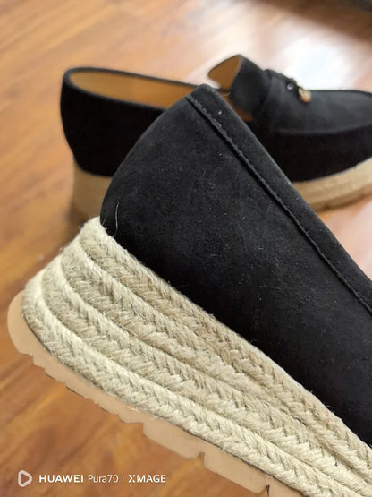 MKKHOU Fashion Loafers New High Quality Real Leather Suede Vintage Straw Braid Platform Shoes Daily Casual Light Shoes Neutral