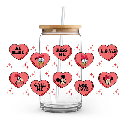 Valentine's Day cartoon Mickey Minnie Stitch Love 16oz Glass Cup UV DTF Transfer Film High-Quality Wraps Transfer Decals