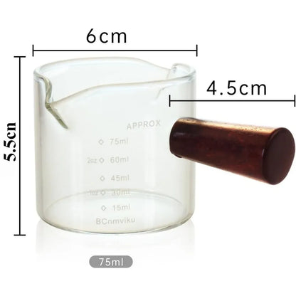 Clear Glass 75ML  Espresso Shot Glasses with Wooden Handle Measuring Cup Coffee Cup High Borosilicate Glass Pitcher Barista