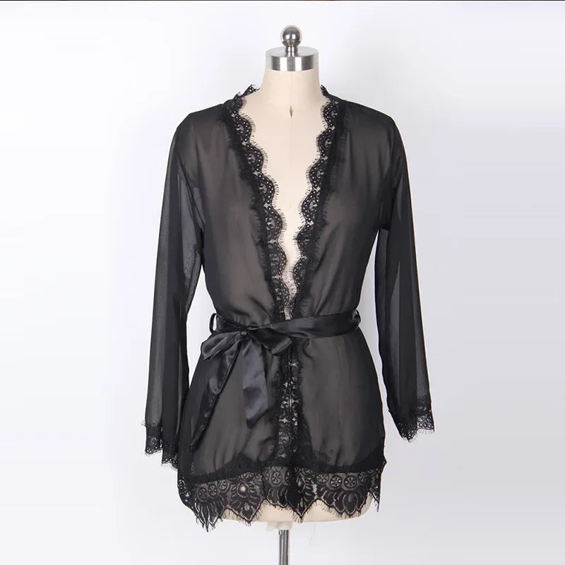 Women's Sheer Lace Kimono Robe, Long Sleeve V-Neck Belted Soft Bridal Wedding Lingerie Nightwear Multi-color