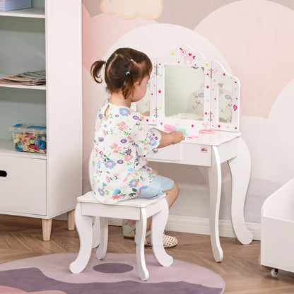 Homcom Wooden Children's Dressing Table with Mirror Stool Drawer Makeup Table Pink