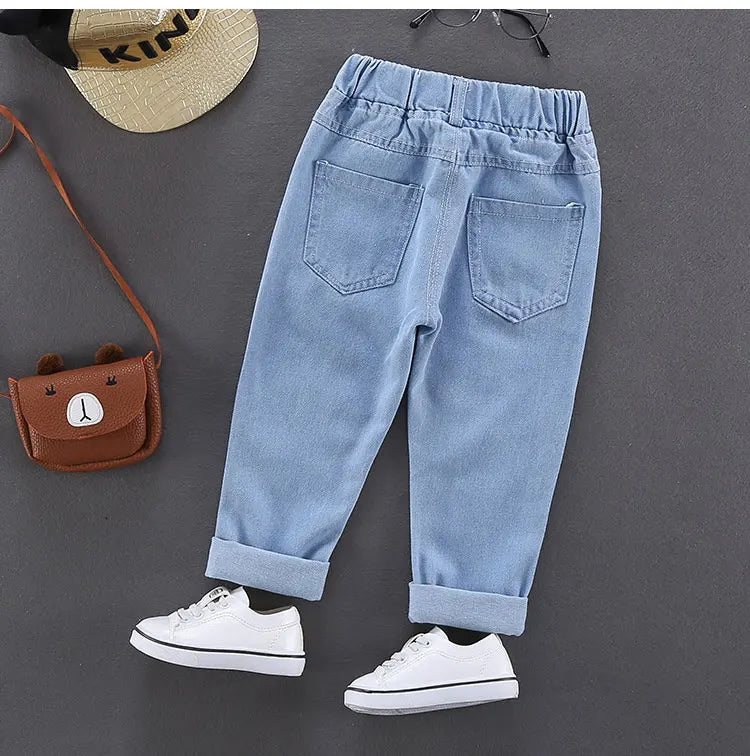 Spring Autumn Children Jeans  Boys Cotton Print Splice Stretch Denim Pants Korean Teenage Trousers Wear Kids ClothingDenimRipped