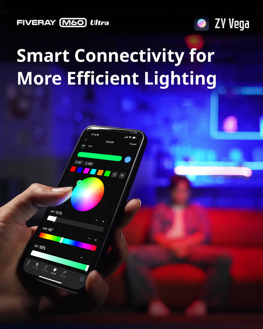 ZHIYUN FIVERAY M60 Ultra 60W RGB COB Pocket Light, High CRI ≥95, Full-Color 2500‑10000K, 4500mAh Battery, APP Control for Vlog