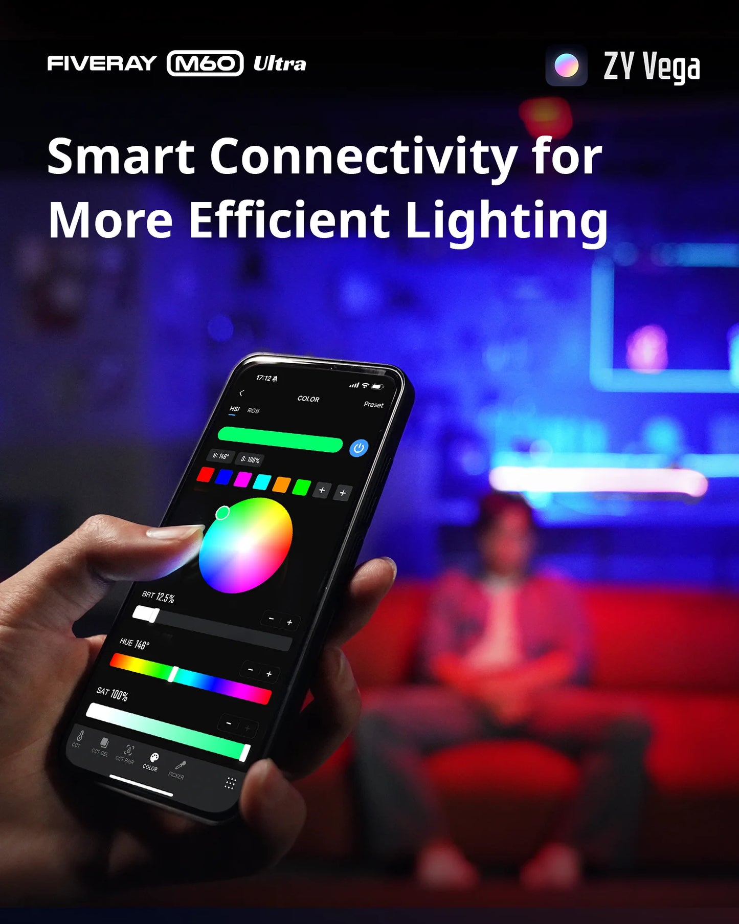 ZHIYUN FIVERAY M60 Ultra 60W RGB COB Pocket Light, High CRI ≥95, Full-Color 2500‑10000K, 4500mAh Battery, APP Control for Vlog