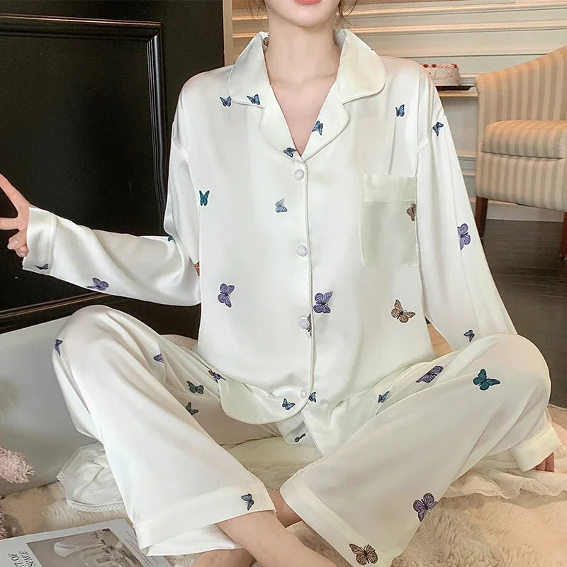 French Elegant Romantic Butterfly Print Women Pajamas Simple Ins Literary Aesthetics Sleepwear 2024 Fall Winter New Y2k Lounges