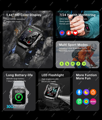 2026 Rugged Military Smart Watch Men's Outdoor Watch LED Flashlight 2.01'' HD Touch Screen Voice Bluetooth Call Smartwatch Gifts