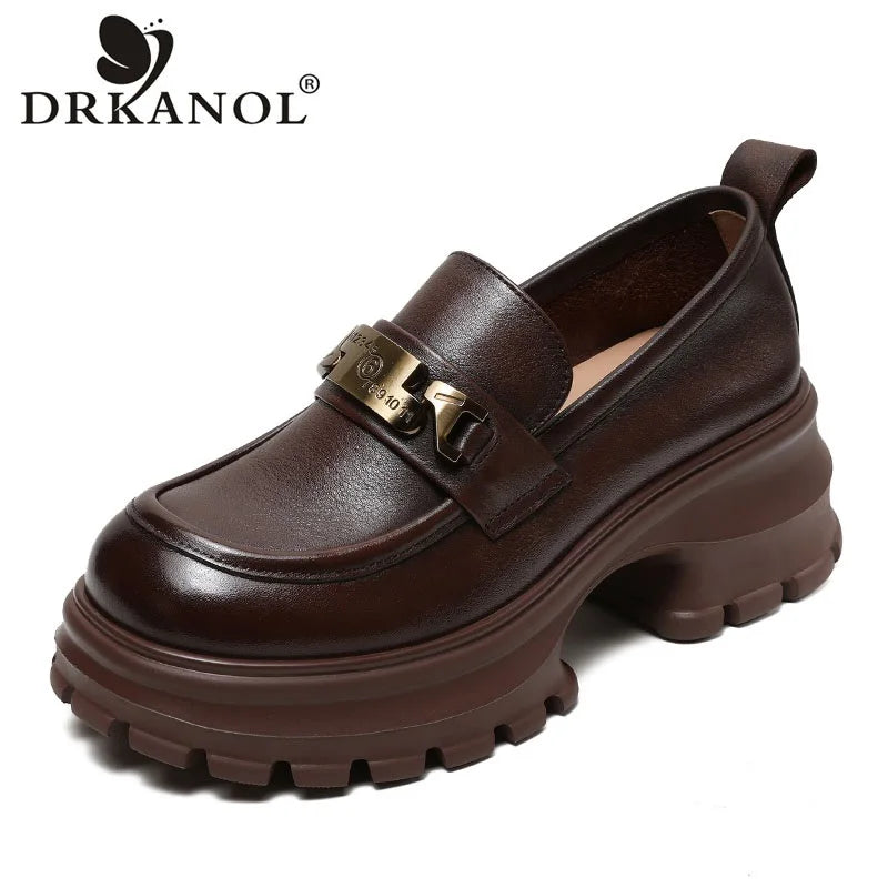DRKANOL Women Genuine Leather Loafers 2026 Spring Autumn Thick High Heel Chunky Platform Handmade Retro Metal Trend Casual Shoes