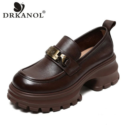 DRKANOL Women Genuine Leather Loafers 2026 Spring Autumn Thick High Heel Chunky Platform Handmade Retro Metal Trend Casual Shoes