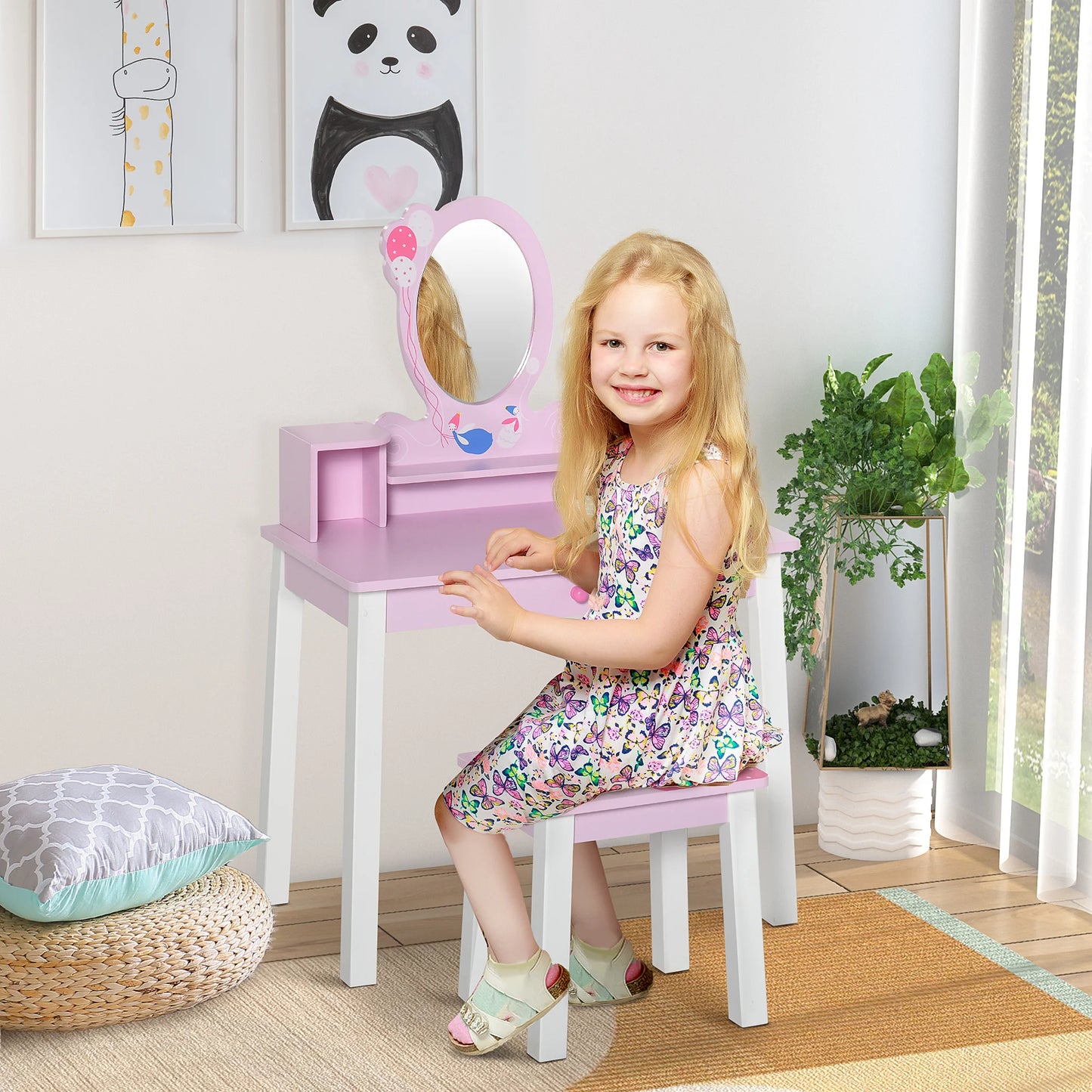 Homcom Children's Dressing Table with Stool and Mirror Princess Style Pink Wooden Makeup Table Toy for Girls 60X34X93 cm