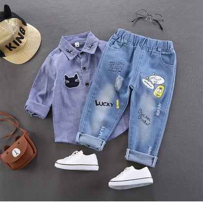 Spring Autumn Children Jeans  Boys Cotton Print Splice Stretch Denim Pants Korean Teenage Trousers Wear Kids ClothingDenimRipped