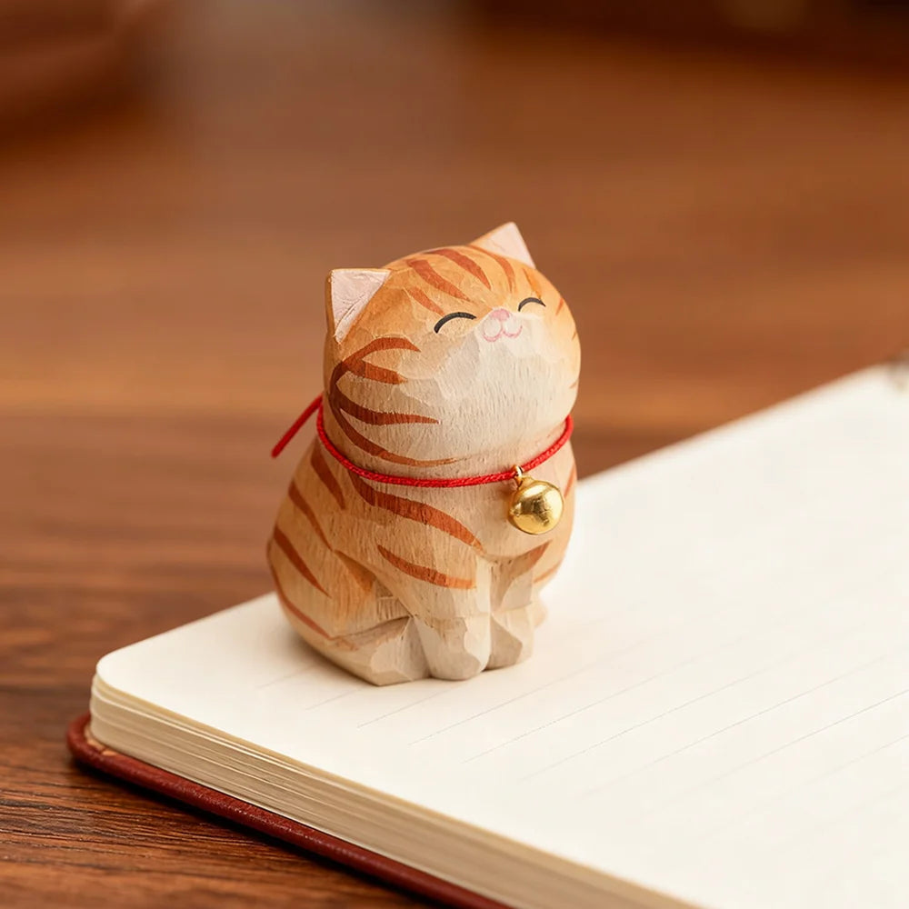 Cute Cat Animals Figurine Decorative Wooden  Ornament Kitten Statue Calico Golden gradient cat Home Office Desk Car Decor Gift