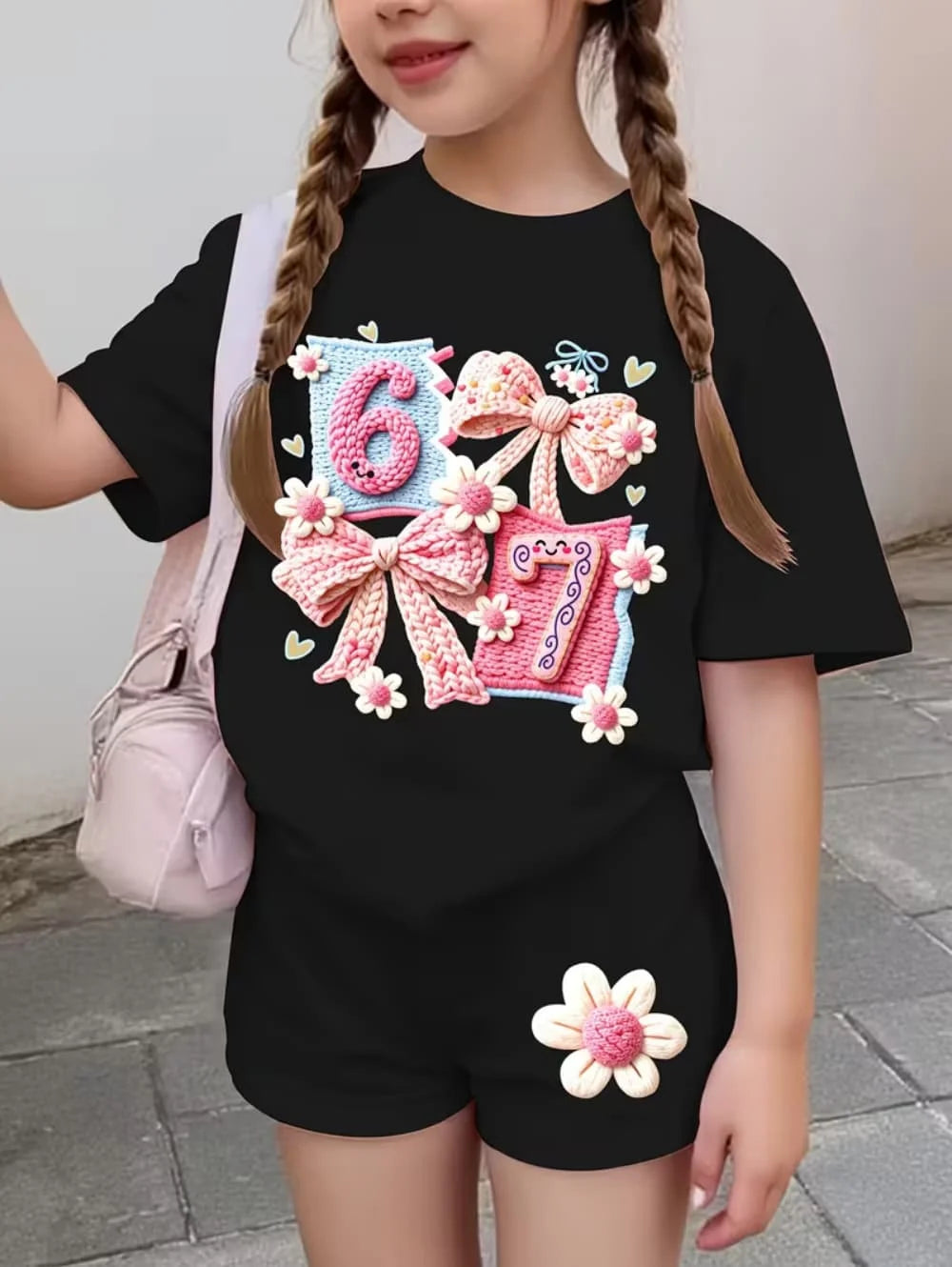 67 Six Seven Girls Clothes Cute Bows Flowers Print Girls Short Sleeve T-Shirt + Pants Set Casual Fashion Children's Clothes Tops