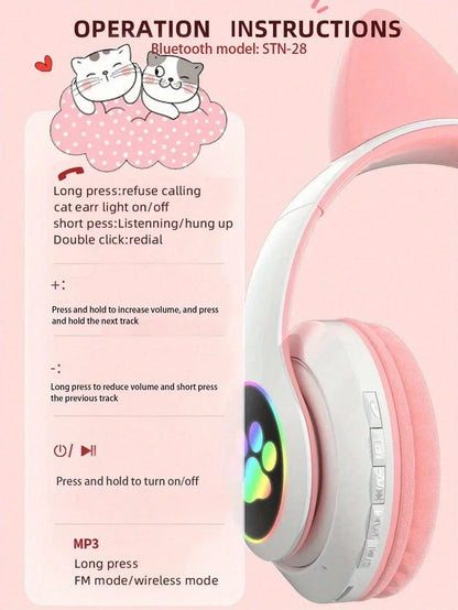 New Flash Light Cute Cat Ears Wireless Headphone with Mic Control LED Kid Girl Stereo Music Helmet Phone Bluetooth Headset Gift