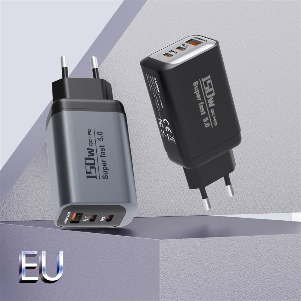 150W Fast Charger 3 Ports USB C PD3.0 QC3.0 Super Fast Wall Adapter for iPhone 17 16 Pro Samsung S24 Xiaomi 15 Huawei EU UK US