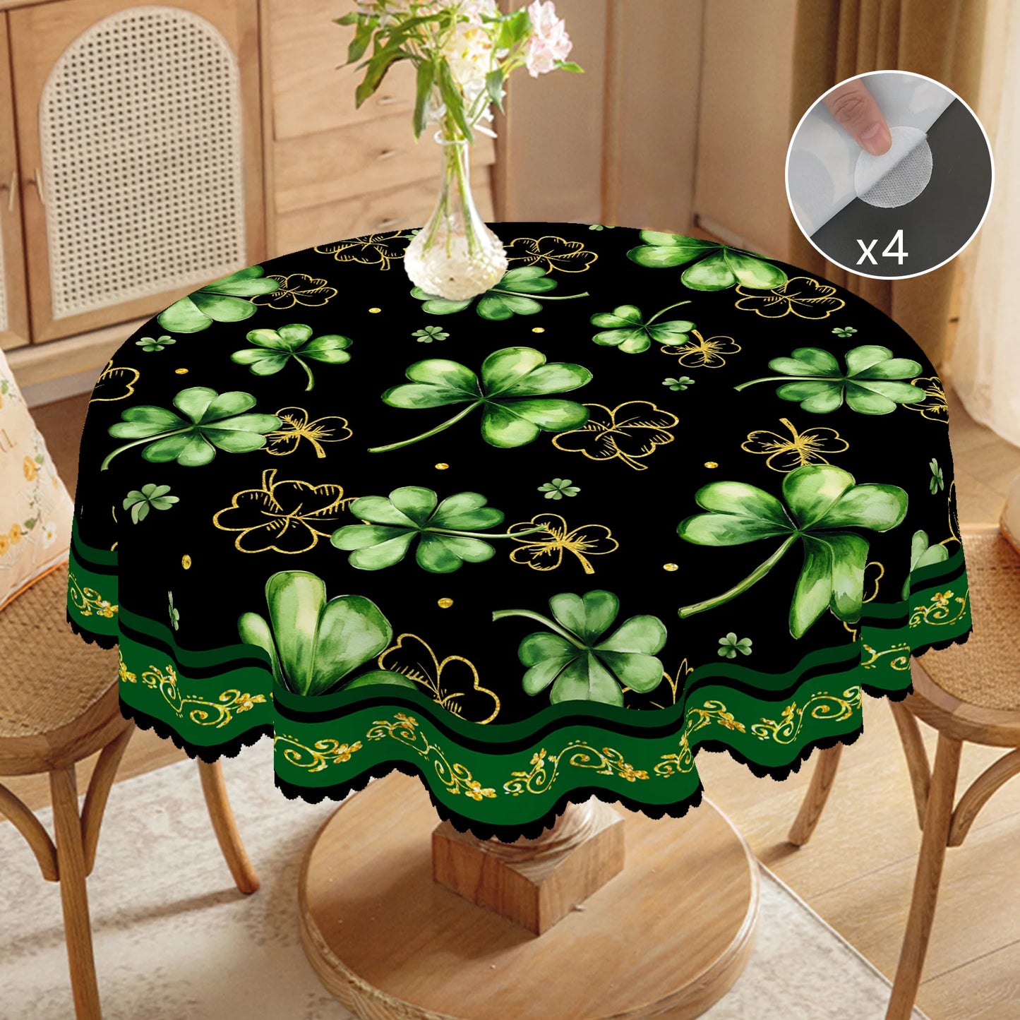 1 Piece of Clover Green Round Tablecloth, 5 Sizes Available, St. Patrick's Day Clover Pattern Printed Tablecloth, Edge Embossing Process, Spring Garden Tablecloth Decoration, Tablecloth for Daily Home Kitchen, Terrace, St.Hol