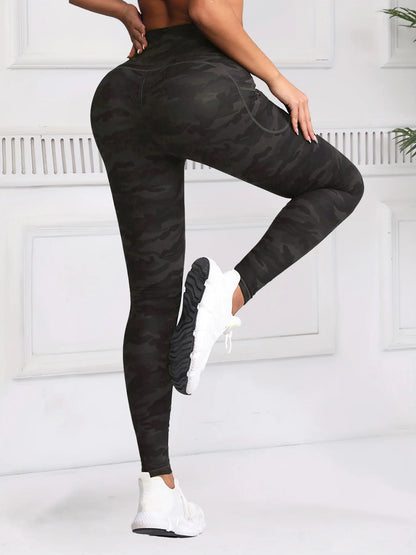 Women Camouflage Printing Leggings with Pockets High Waist Elastic Fitness Tights Outdoors Running Pants