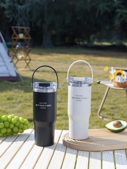 JUSTINLAU 600/900ml Insulated Cups Stainless Steel Double-drinking Thermos Cup with Handle& Straw Sports Bottle Car Ice Tumbler