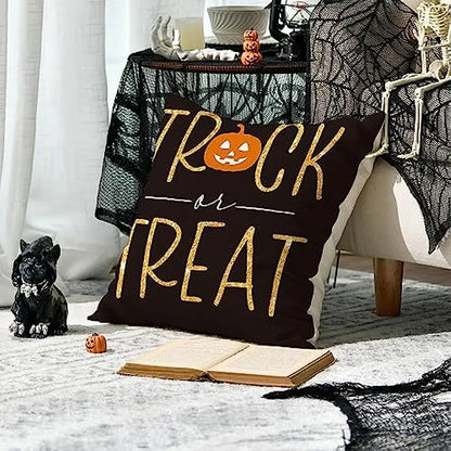 Linen Square Pillow Cover Pumpkin Cat Happy Halloween Trick Or Treat Autumn Decorative Sofa Cushion Cover Living Room
