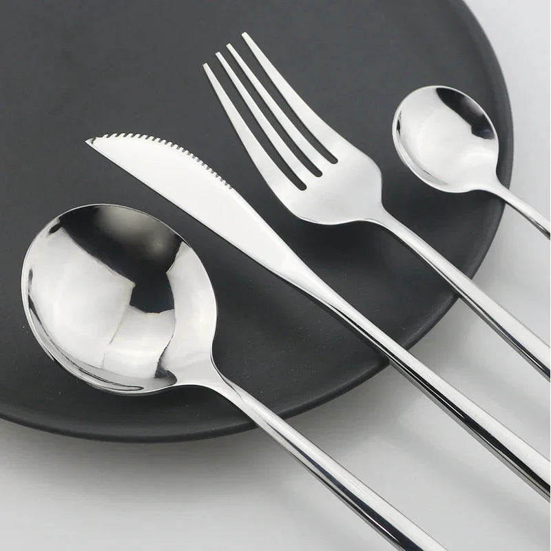 24Pcs Stainless Steel Cutlery Set Black Handle Golden Dinnerware Knife Fork Spoon Kitchen Tableware Gift Set