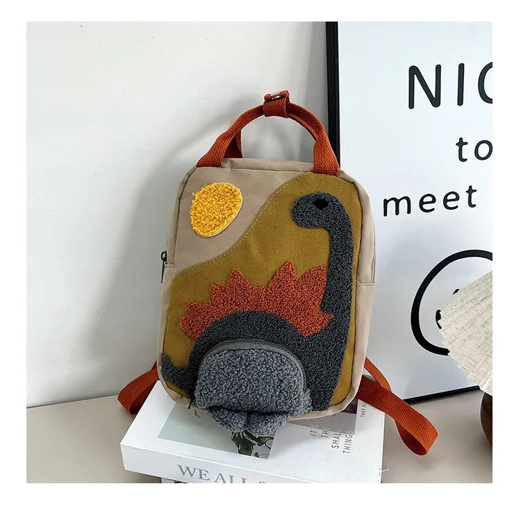 New Embroidery Sun Long Neck Small Dinosaur Backpack Hook Hair Embroidered Cartoon Canvas Kindergarten Children Backpack
