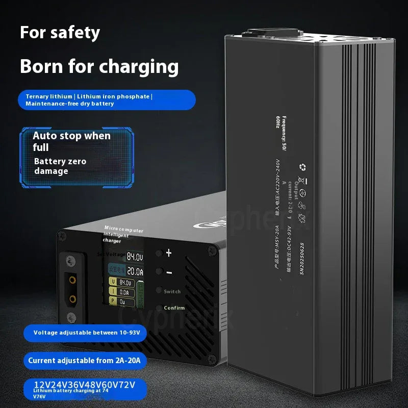10 - 93V Adjustable Charger 3- 20A for 18650 LiFePO4 Lithium ion Battery 14.6V 16.8V 58.4V 54.6V 87.6V 84V 71.4V 58.8V 29.2V 20A