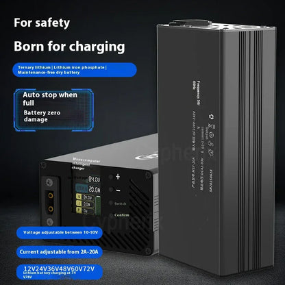 10 - 93V Adjustable Charger 3- 20A for 18650 LiFePO4 Lithium ion Battery 14.6V 16.8V 58.4V 54.6V 87.6V 84V 71.4V 58.8V 29.2V 20A