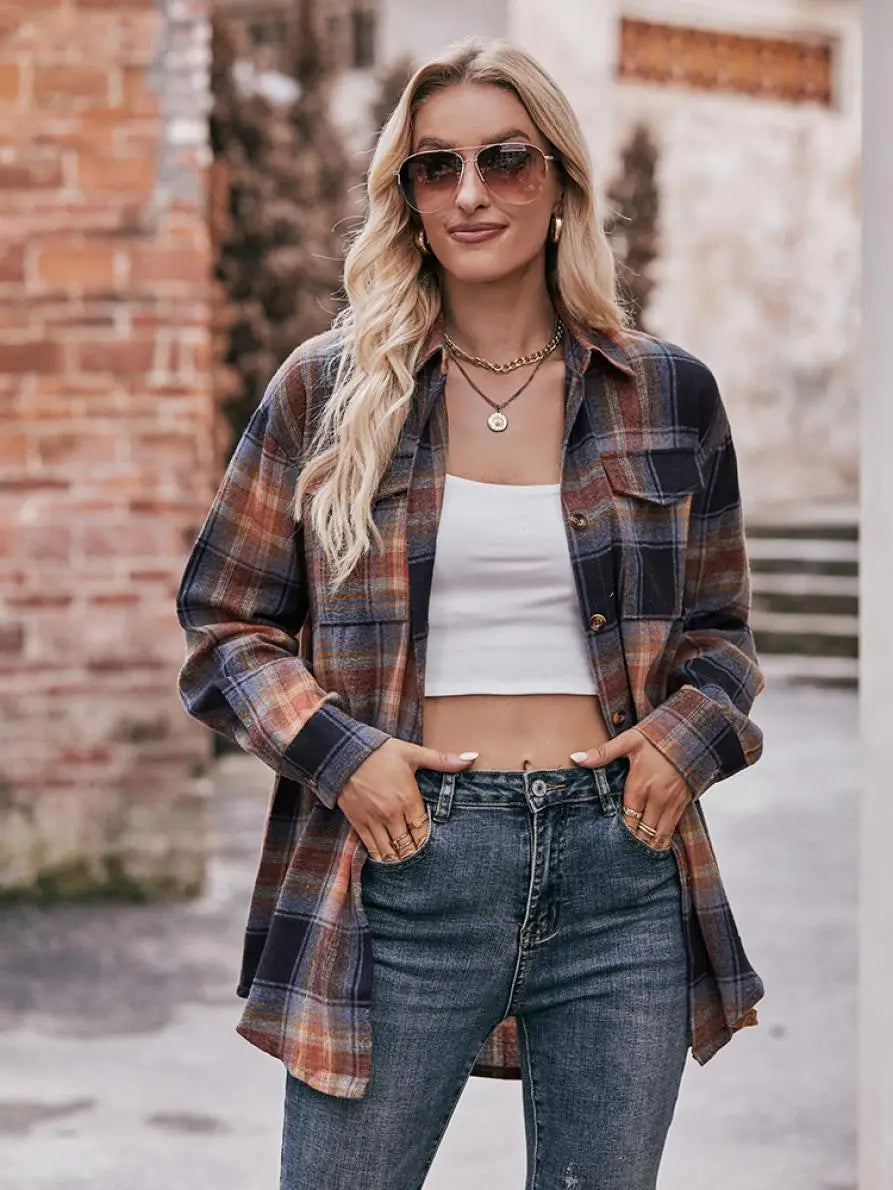 Autumn Plaid Shirt Women Long Sleeve Turn-down Collar Oversize Shirts Female Stylish Vintage Casual Blouse Ladies Chemise