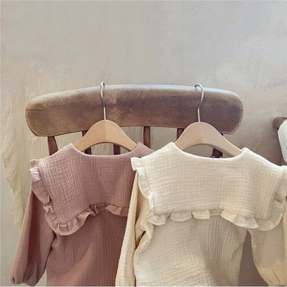 2pcs Newborn Baby Girls Clothes Organic Cotton Ruffled Collar Lapel Long Sleeve Shirt Top + Bread Pants Korean Casual Clothing