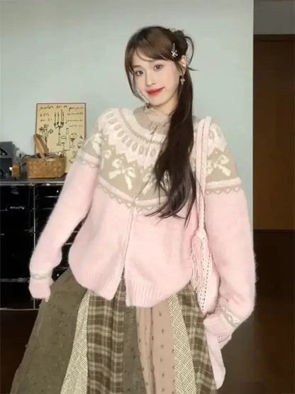 Cardigan Women Sweet Preppy Style Sweater Jacquard Knitted Soft Gentle Stylish Autumn Winter Outwear All-match Harajuku Chic