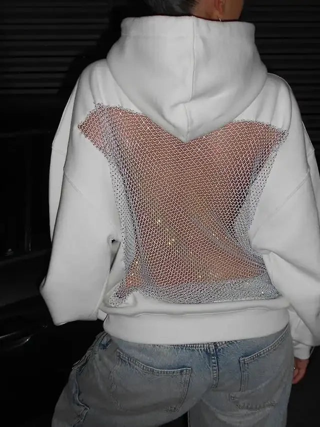 Russias Hot Selling Sexy Backless Sparkling Rhinestone Mesh Hoodie Y2K Womens Harajuku Fashion Oversized Hoodie Pullover Tops