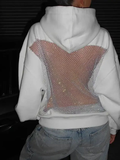 Russias Hot Selling Sexy Backless Sparkling Rhinestone Mesh Hoodie Y2K Womens Harajuku Fashion Oversized Hoodie Pullover Tops